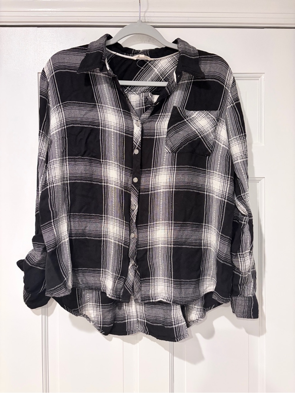 Krazy Kat Metallic Plaid Button Down Shirt XL Black White High Low Top